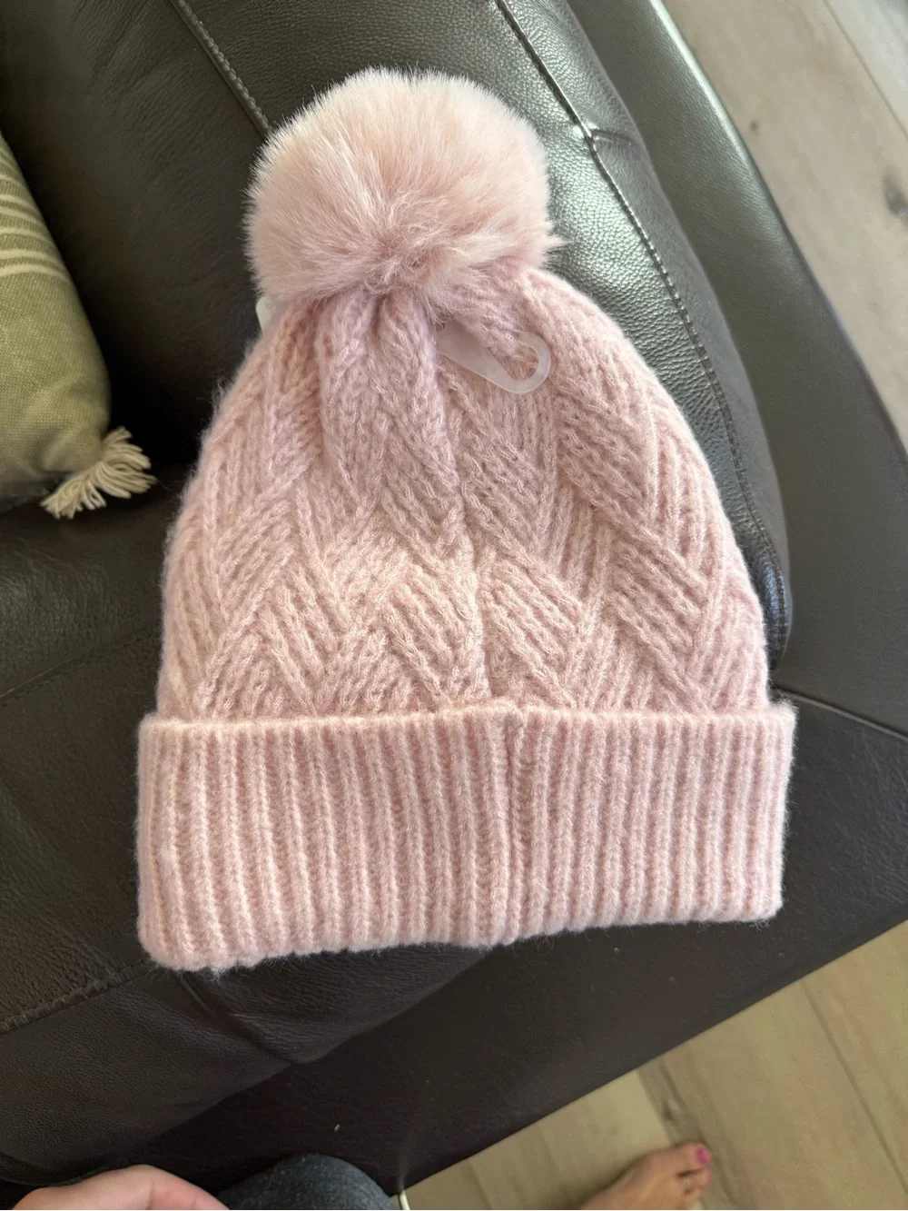 Ladies' Pom Beanie - Soft Light Pink Faux Fur Pom